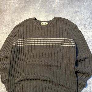 Y2K Old Navy Mens XL Gray Ribbed Knit Crewneck Sweater Striped Chest 100% Cotton